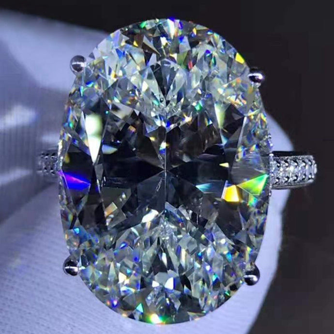 30 Carat Oval Cut Moissanite Ring G-H Colorless Hidden Halo Bead-set Cathedral