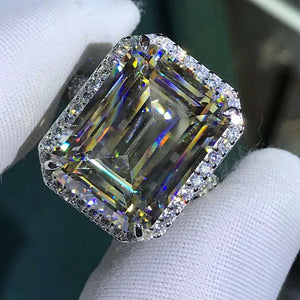 10 Carat Emerald Cut Moissanite Ring G-H Colorless VVS Halo Bead-set