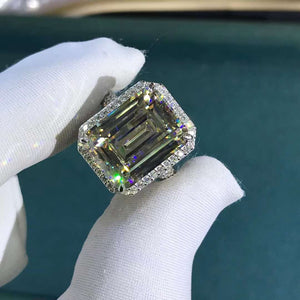 10 Carat K-M Colorless Emerald Cut Pave Wrap Milgrain Halo Simulated Sapphire Ring