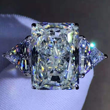 Load image into Gallery viewer, 6 Carat K-M Colorless Radiant Cut 4 Claw Three Stone VVS Simulated Sapphire Ring