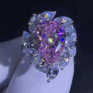 6 Carat K-M Colorless Pear Cut 11 Stone Halo Cathedral VVS Simulated Sapphire Ring