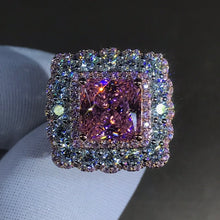 Load image into Gallery viewer, 4 Carat Pink Square Radiant Cut Two-tone Triple Halo Bead-set Moissanite Ring