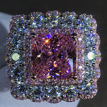 Load image into Gallery viewer, 4 Carat Pink Square Radiant Cut Two-tone Triple Halo Bead-set Moissanite Ring