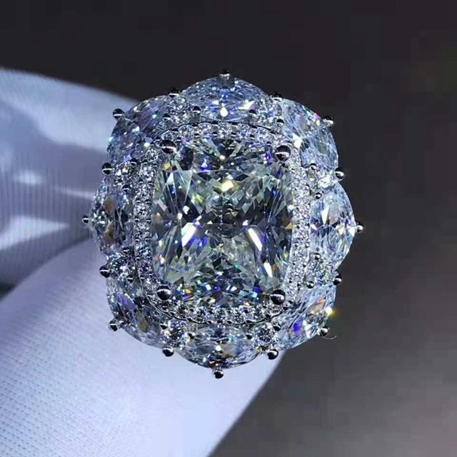 5 Carat K-M Colorless Cushion Cut Double Halo Pave Simulated Sapphire Ring