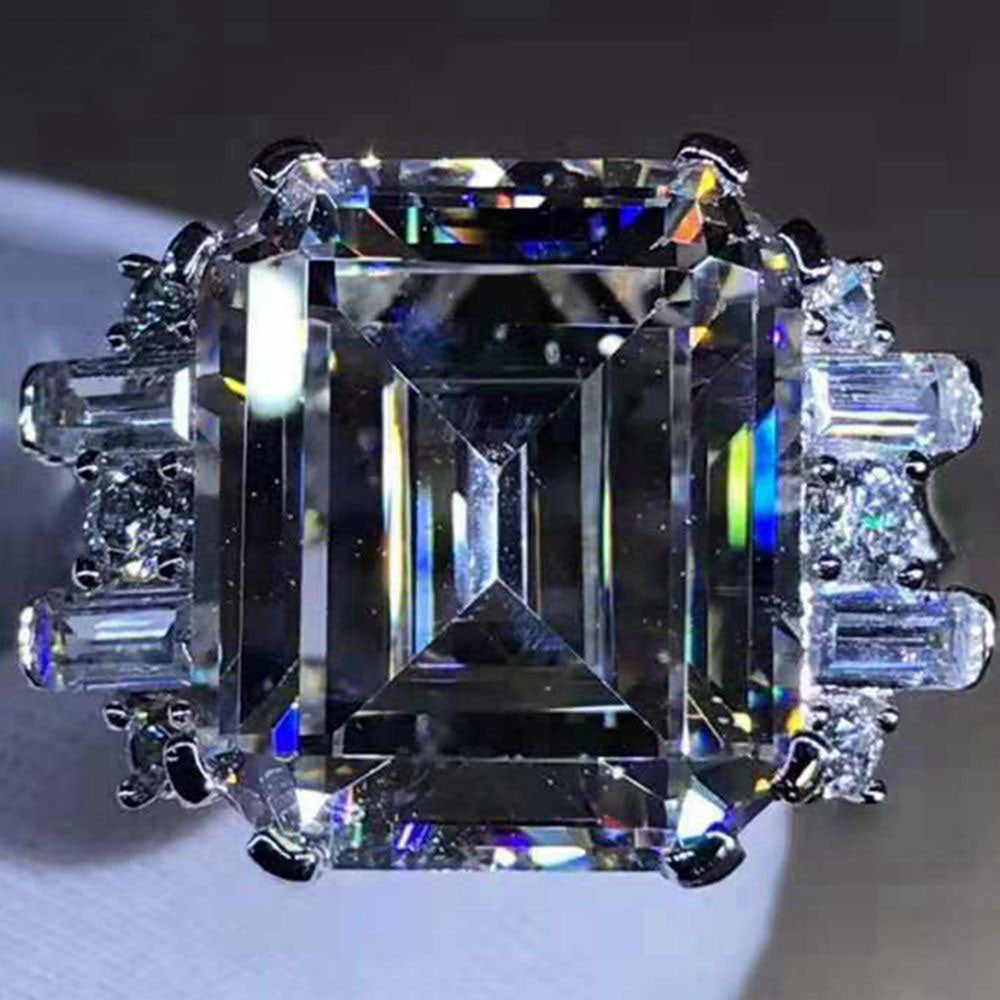 8 Carat Emerald Cut Moissanite Ring K-M Colorless Double Prong 11 Stone Split Shank