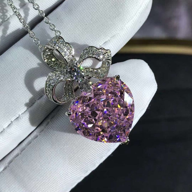 Luxury Heart 925 Sterling Silver Pink Diamond Earrings Necklace