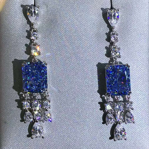 3 Carat Crushed Ice Radiant cut Blue Simulated Moissanite Dangling Earrings