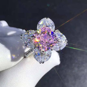 5 Carat K-M Colorless Cushion Marquise Cut 9 Stone Flower Halo Bead-set Simulated Sapphire Ring