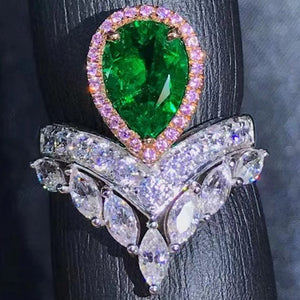 1.7 Carat Pear Cut Two-tone Halo Chevron Shank Lab Made Green Emerald Ring - 9K, 14K, 18K Solid Gold and 950 Platinum