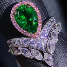 Load image into Gallery viewer, 1.7 Carat Pear Cut Two-tone Halo Chevron Shank Lab Made Green Emerald Ring - 9K, 14K, 18K Solid Gold and 950 Platinum