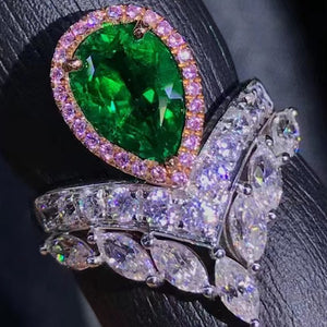 1.7 Carat Pear Cut Two-tone Halo Chevron Shank Lab Made Green Emerald Ring - 9K, 14K, 18K Solid Gold and 950 Platinum
