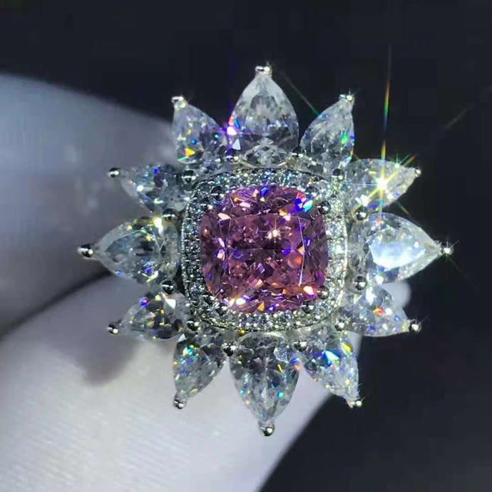 2 Carat Light Champagne Pink Cushion Cut 13 Stone Double Halo Starburst Lab Grown Sapphire Ring