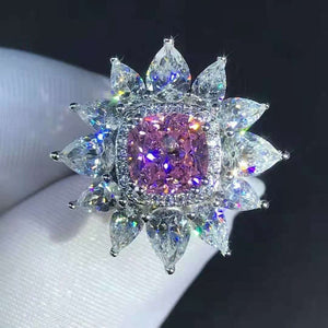 2 Carat Light Champagne Pink Cushion Cut 13 Stone Double Halo Starburst Lab Grown Sapphire Ring