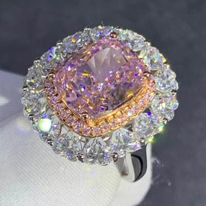 6 Carat Pink Cushion Cut Two-tone Double Halo VVS Moissanite Ring