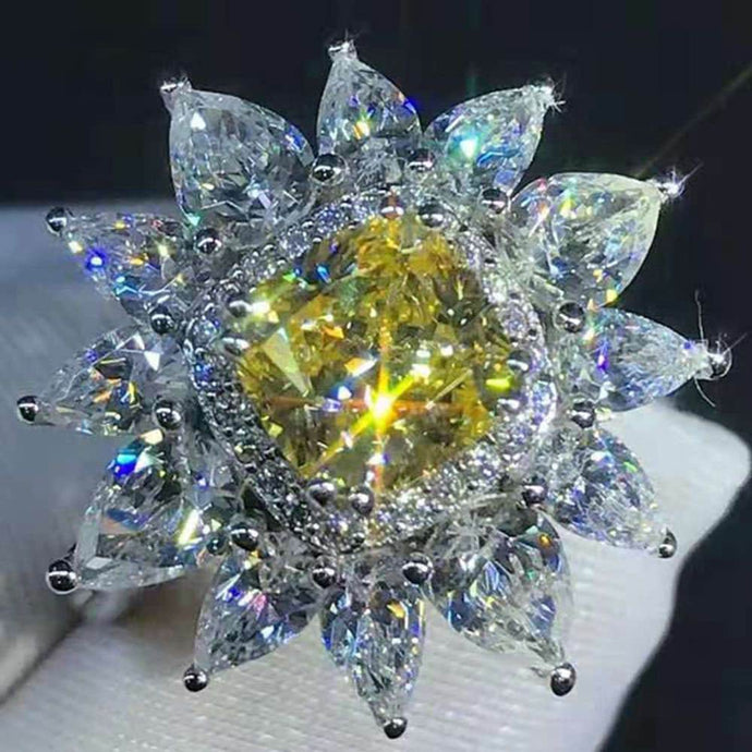 2 Carat Cushion Cut Moissanite Ring Vivid Yellow VVS 13 Stone Double Halo Starburst
