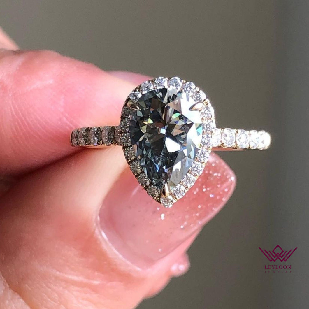 Pear Cut Halo French Pave Moissanite Ring Gray Color