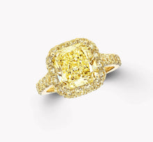 Load image into Gallery viewer, 4 Carat Cushion Moissanite Ring Vivid Yellow 6x8mm VVS Halo Cathedral Pave Vermeil