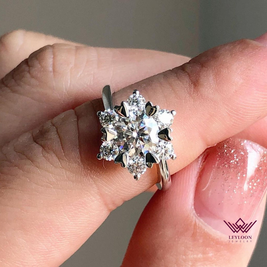 4 Carat Round Cut Halo Starburst Bypass Shank Moissanite Ring D Color