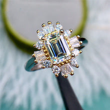 Load image into Gallery viewer, 1 Carat D Color Emerald Cut Two-tone Starburst Halo Plain Shank Moissanite Ring