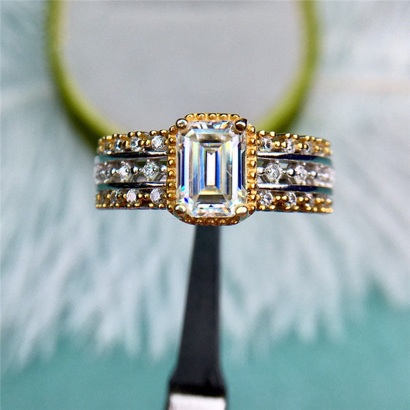 1 Carat D Color Emerald Cut Square Halo Pave Certified VVS Moissanite Ring