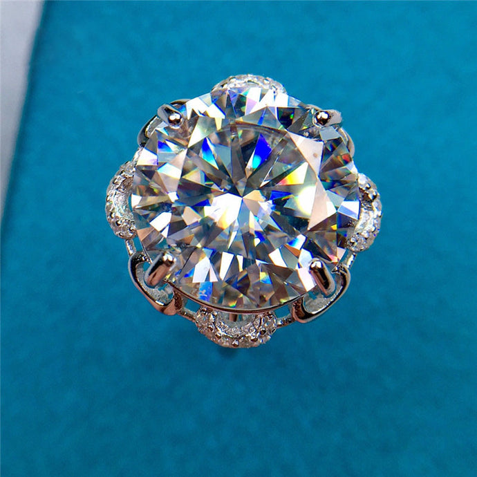 10 Carat Round Cut Moissanite Ring 4 Prong Rose Halo Certified VVS D Color