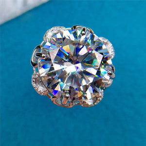 10 Carat Round Cut Moissanite Ring 4 Prong Rose Halo Certified VVS D Color