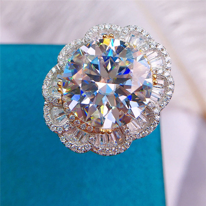 10 Carat Round Cut Moissanite Ring Two-Tone Antique Triple Halo Certified VVS D Color