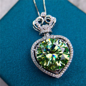 13 Carat Green Round Cut Heart Double Halo Princess Crown VVS Moissanite Necklace