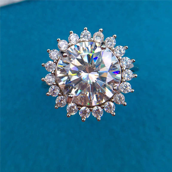 5 Carat Round Cut Moissanite Ring Classic Sun Burst Certified VVS D Color