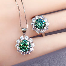 Load image into Gallery viewer, 2 Carat Green Round Cut Flower Halo Certified VVS Moissanite Ring Pendant Set