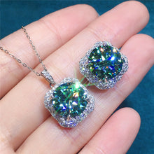 Load image into Gallery viewer, 5 Carat Green Round Cut Cushion Halo Certified VVS Moissanite Ring Pendant Set