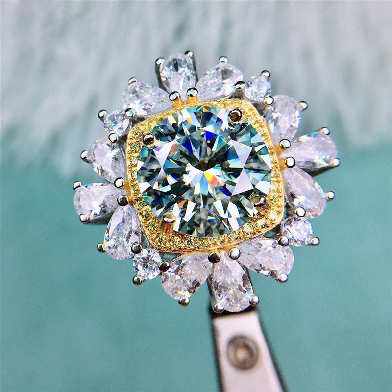 5 Carat D Color Round Cut Two-tone Square Halo Starburst Certified VVS Moissanite Ring