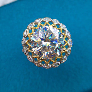 5 Carat Round Cut Moissanite Ring Two-tone Sunflower Scalloped Halo VVS D Color