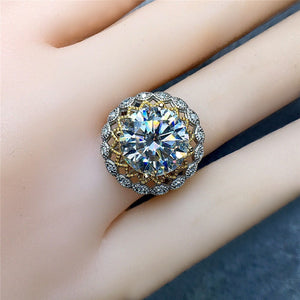 5 Carat Round Cut Moissanite Ring Two-tone Sunflower Scalloped Halo VVS D Color