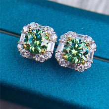 Load image into Gallery viewer, 2 Carat Green Round Cut Octagon Halo Certified VVS Moissanite Stud Earrings