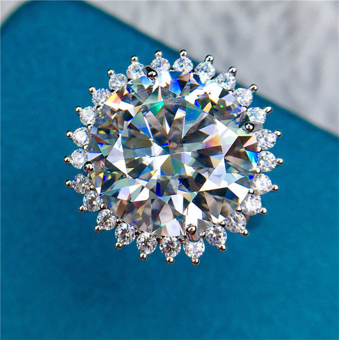 13 Carat Round Cut Moissanite Ring Flower burst Certified VVS D Color