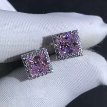 Load image into Gallery viewer, 1 Carat Light Champaign Pink Square Radiant Cut Halo Simulated Moissanite Stud Earrings
