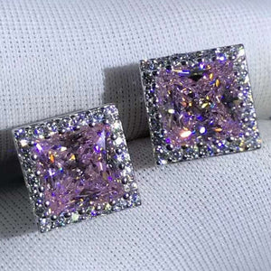 1 Carat Light Champaign Pink Square Radiant Cut Halo Simulated Moissanite Stud Earrings