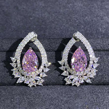 Load image into Gallery viewer, 4 Carat Pinkish Purple Pear Cut Double Halo VVS Simulated Moissanite Stud Earrings