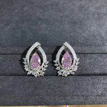 Load image into Gallery viewer, 4 Carat Pinkish Purple Pear Cut Double Halo VVS Simulated Moissanite Stud Earrings