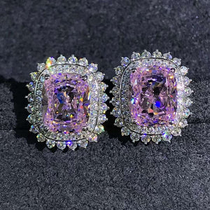 3 Carat Light Champaign Pink Cushion Cut Starburst Double Halo Simulated Moissanite Stud Earrings