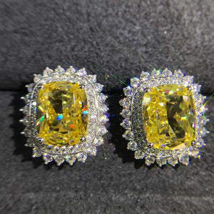 3 Carat Yellow Cushion Cut Starburst Double Halo Simulated Moissanite Stud Earrings