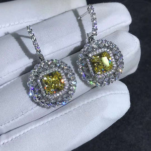 2 Carat Yellow Radiant Double Halo Simulated Moissanite Latch Back Dangling Earrings