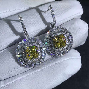 2 Carat Yellow Radiant Double Halo Simulated Moissanite Latch Back Dangling Earrings