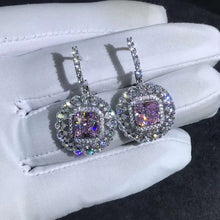 Load image into Gallery viewer, 2 Carat Light Champaign Pink Radiant Double Halo Simulated Moissanite Latch Back Dangling Earrings