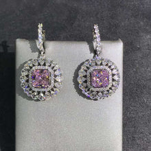 Load image into Gallery viewer, 2 Carat Light Champaign Pink Radiant Double Halo Simulated Moissanite Latch Back Dangling Earrings