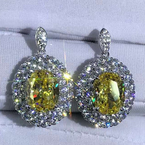 3 Carat Yellow Oval Cut Double Halo VVS Simulated Moissanite Drop Earrings