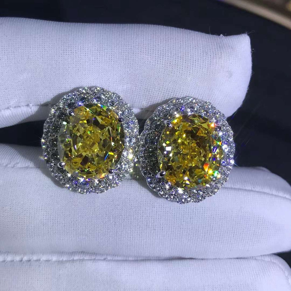 15 CTW Yellow Oval Halo Simulated Moissanite Omega Clip Back Stud Earrings