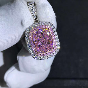 6 Carat Light Champaign Pink Cushion Cut Double Halo VVS Simulated Moissanite Necklace