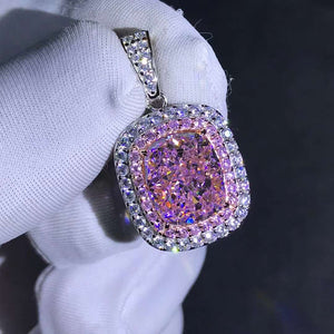 6 Carat Light Champaign Pink Cushion Cut Double Halo VVS Simulated Moissanite Necklace